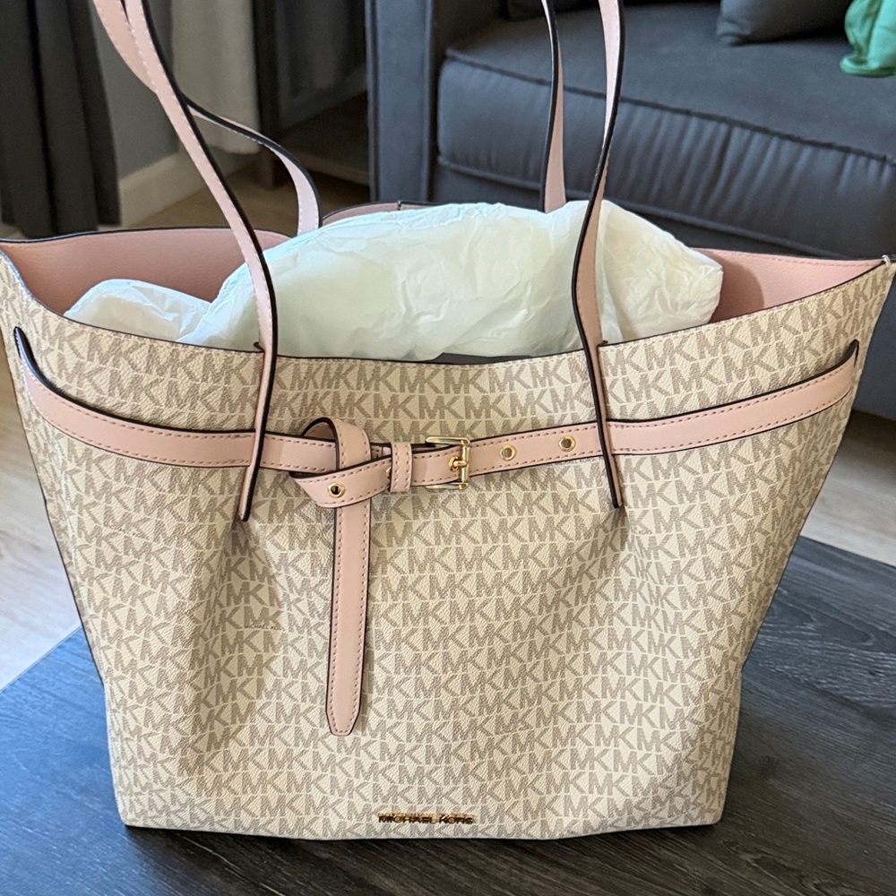 Michael Kors Beige Signature Tote with Pink Trim